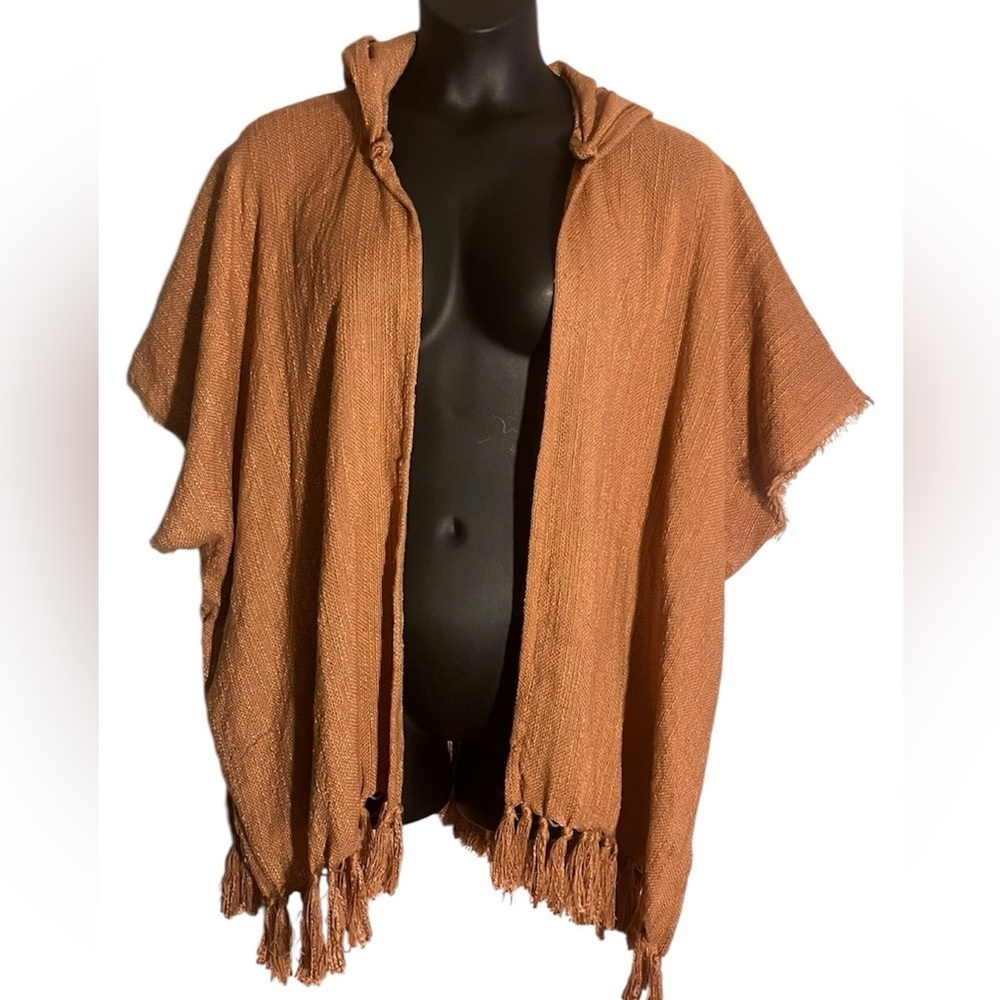 NWT Hooded Poncho Kimono coastal Beachey open raw hem fringe OS rust orange